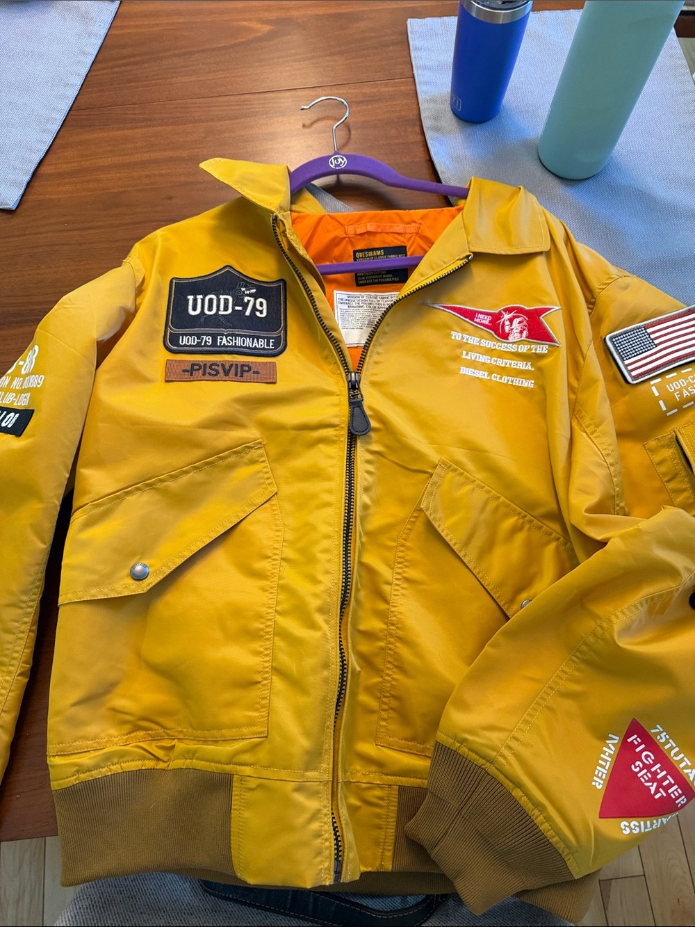 Mustard Yellow Unisex Puffer Jacket with Patch Details